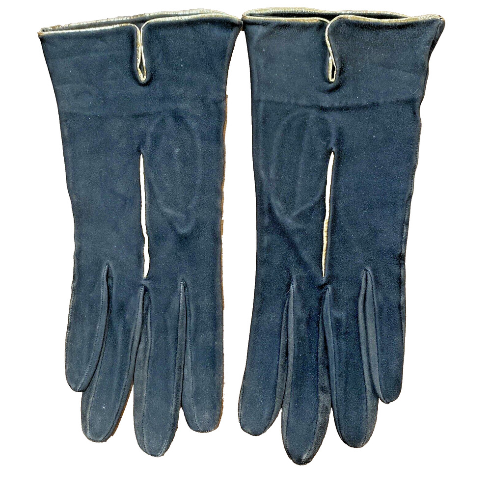 Vintage Black Suede Ladies Dressy Wrist Gloves Gold Metallic Trim Mid Century